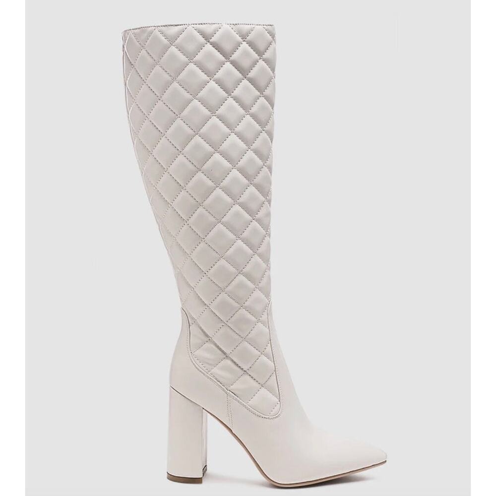 London Rag Quilted Knee High Boots White Block Heel Womens 6 NEW